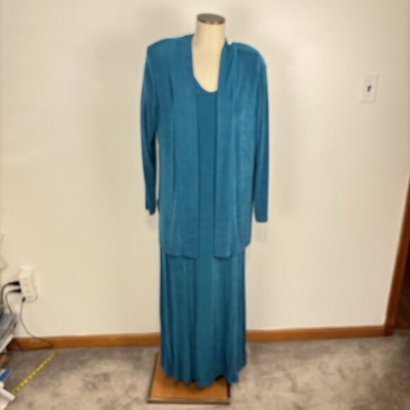 VTG Draper's & Damon's Women's M / L Teal Slinky Maxi Dress and Cardigan Jacket - Picture 6 of 7